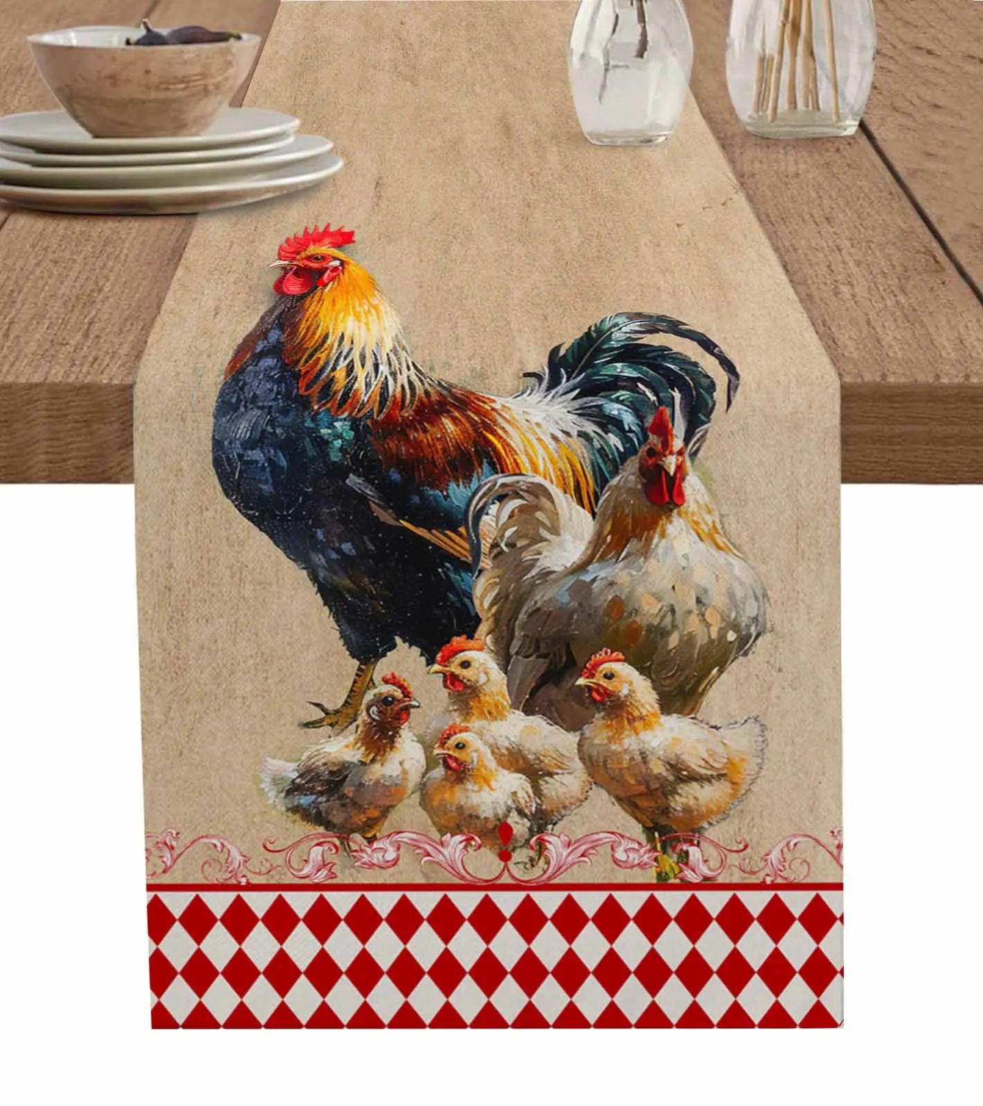 Retro Country Farm Rooster Hen Table Runner Cotton Linen Wedding Table Decor Tablecloth Kitchen Decor Table Runner