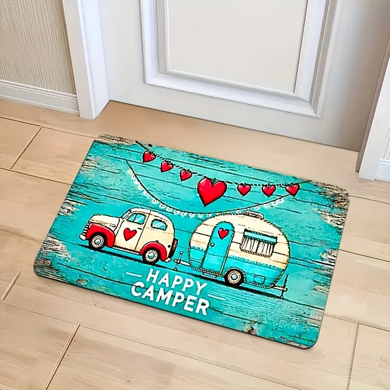 Vintage Camper Van & Hearts Design Turquoise  Happy Camper Welcome Mat - Soft Indoor/ Door Mat for RV, Cabin, Home Decor - Machi