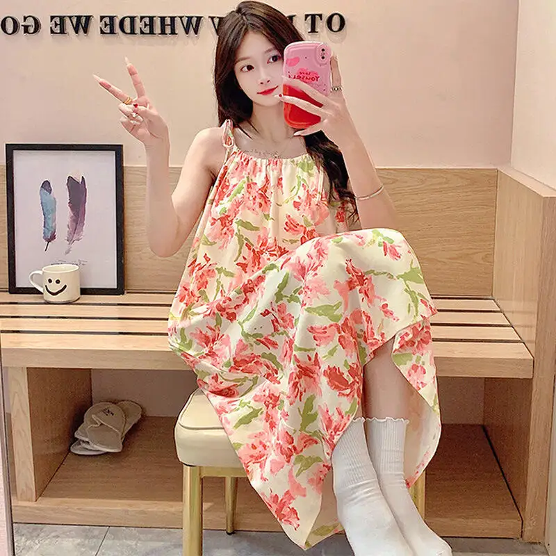 Hot 2026 New Korean Version Fashion Comfort Summer Suspender Floral Nightgown Round Neck Strap Medium Longsweet Cute Homeoutfit