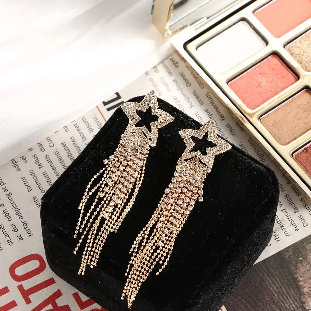 여성을위한 긴 프린지 패션 술 선물 골드 실버 컬러 크리스탈 스타 쥬얼리 드롭 귀걸이 댕글 귀걸이 스터드 귀걸이