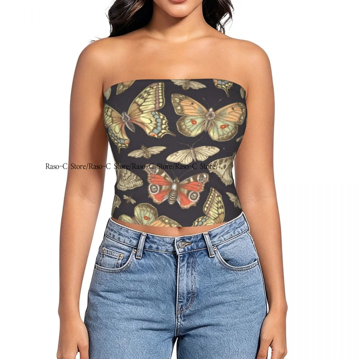 Women strapless blouses sleeveless Butterfly Moths Mosquito halter-neck sexy short-sleeved blouses