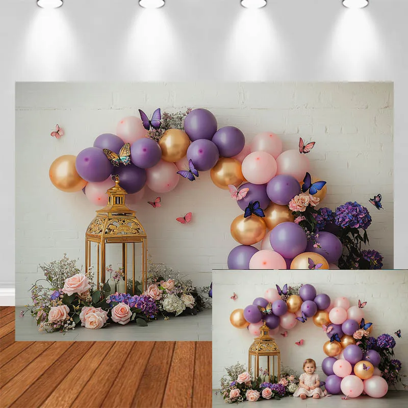 

LS Photography Background Purple Balloon Arch Butterfly Birdcage Floral Decor Cake Smash Birthday Kids Portrait Photo Backdrop