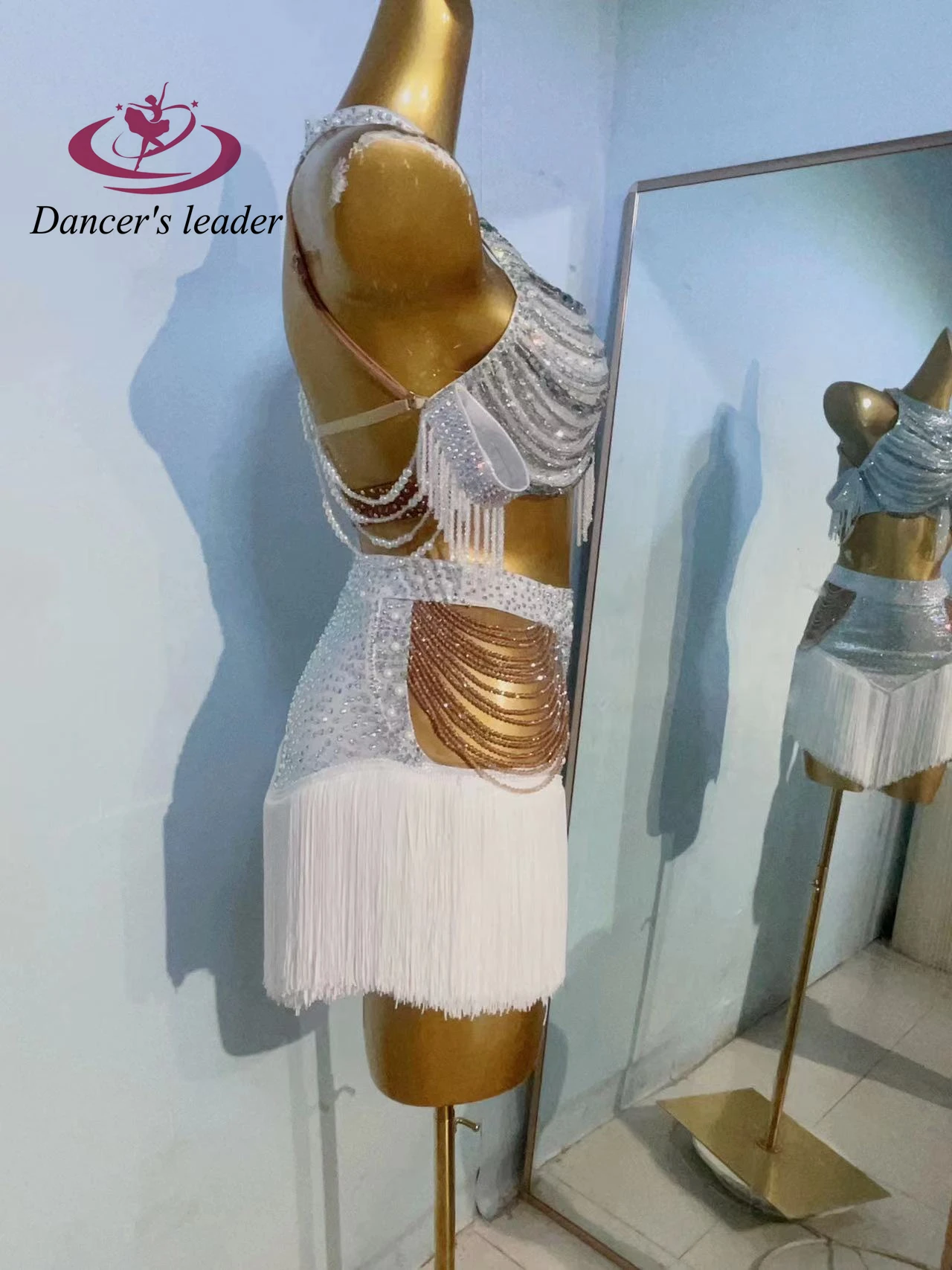 زي الرقص اللاتيني حجر الراين المرأة الراقية مخصص كريستال مطرز الصدرية سبليت أداء السامبا فستان فلاش عالي