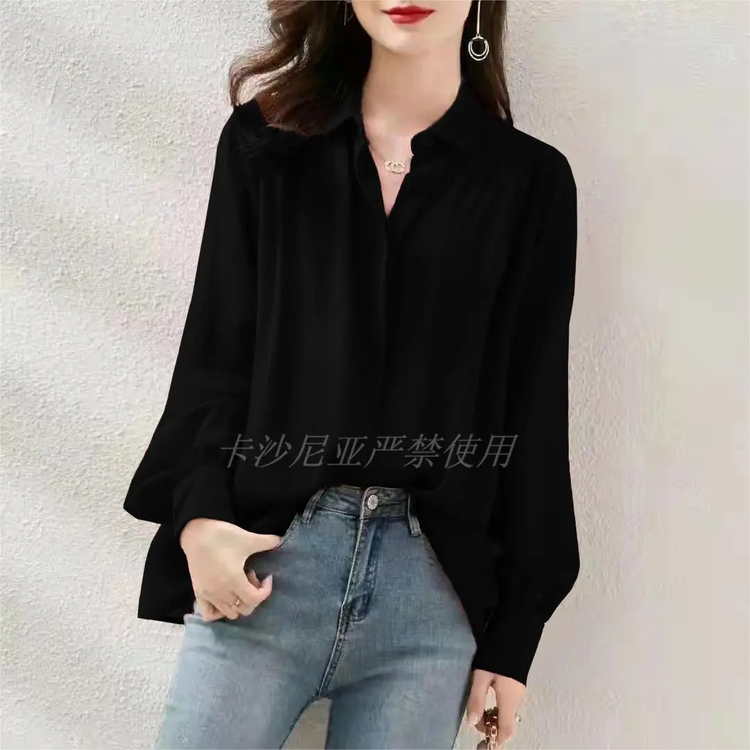 Women\'s 2024 Spring and Autumn New Shirt with Drop Down Anti Wrinkle Loose Cover Chiffon Shirt, Red Top for Women