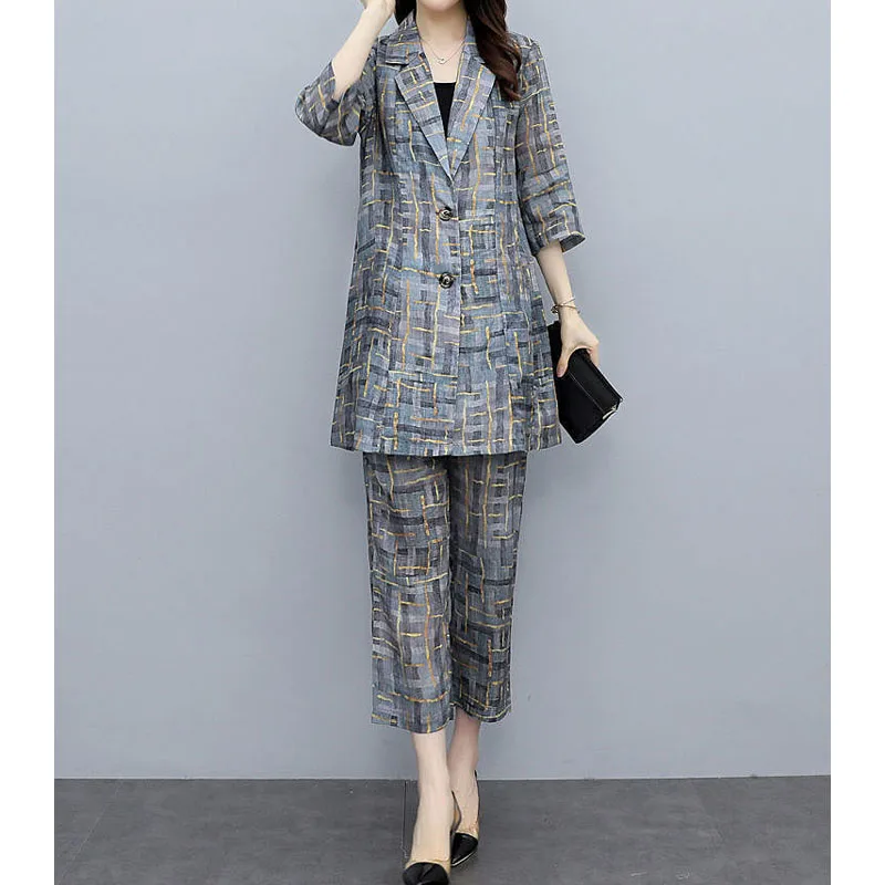 Korean Fashion 3/4 Sleeve Coat Printing Two Piece Set Women\'s Clothing Summer Casual Commute High Waist Cropped Pants Female