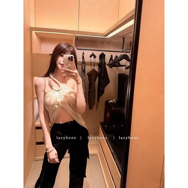 Pure Desire Style Halter Cami Top Irregular Design Metal Detail Sleeveless Slim Sexy Women Summer Streetwear Tops