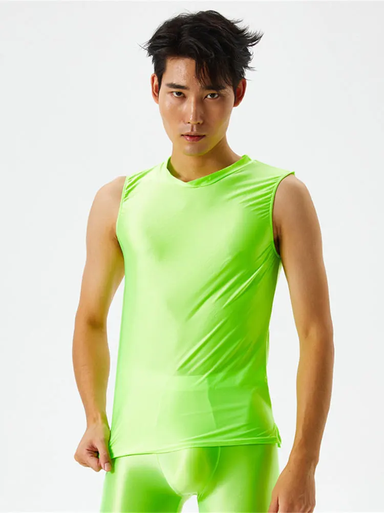 Sexy Men Candy Color Sport Yoga Outfits Sheer See Through Tank Top Satin Oil Shiny Tight High Elastic Fitness Running Vest