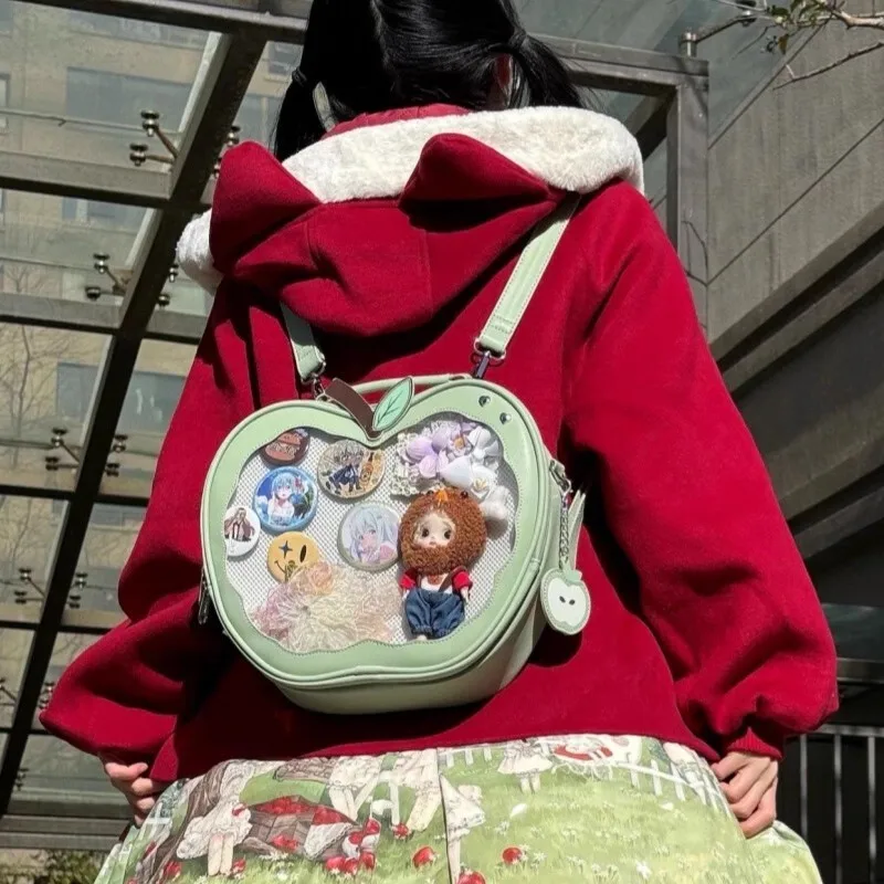 Y2K New Niche Design Apple Ita Backpack Harajuku Girl Transparent Pocket Cute Crossbody Bag DIY Display Knapsack Fashion Handbag