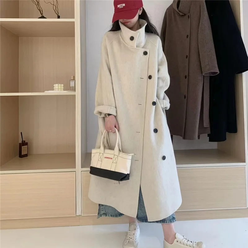 2023 Fashionable Little Sister Waist Pulling Wool Coat Double Sided Hand Sewn Cashmere Coat Women's Long Hair Series