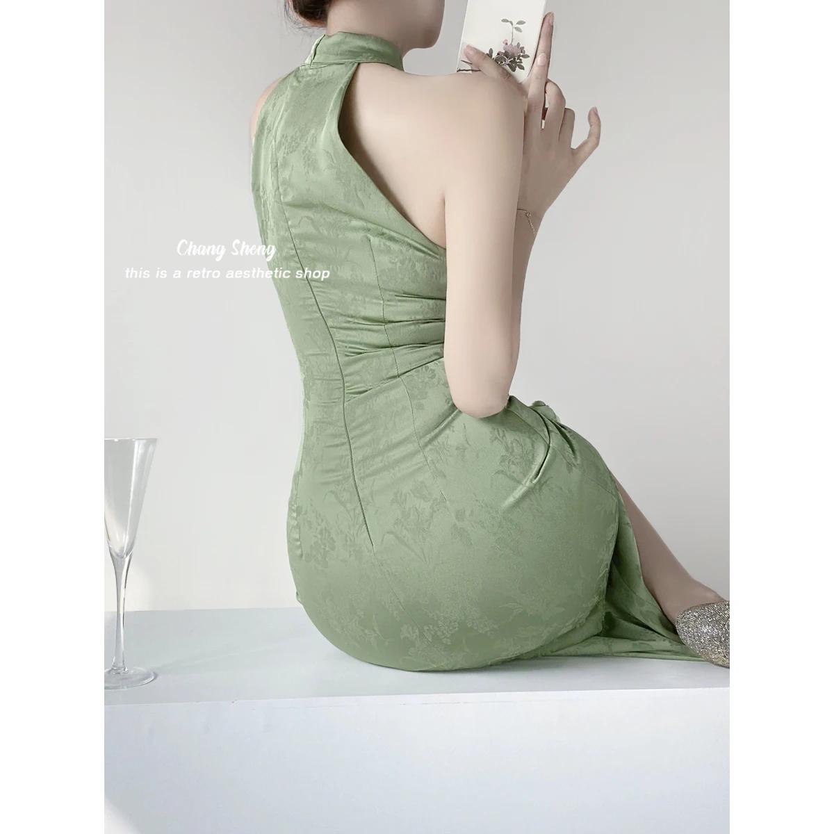 Green Chinese Style Traditional Retro Improved Cheongsam Dress Split Sexy Hip Skirt Hollow-out Elegant Banquet Evening Dress