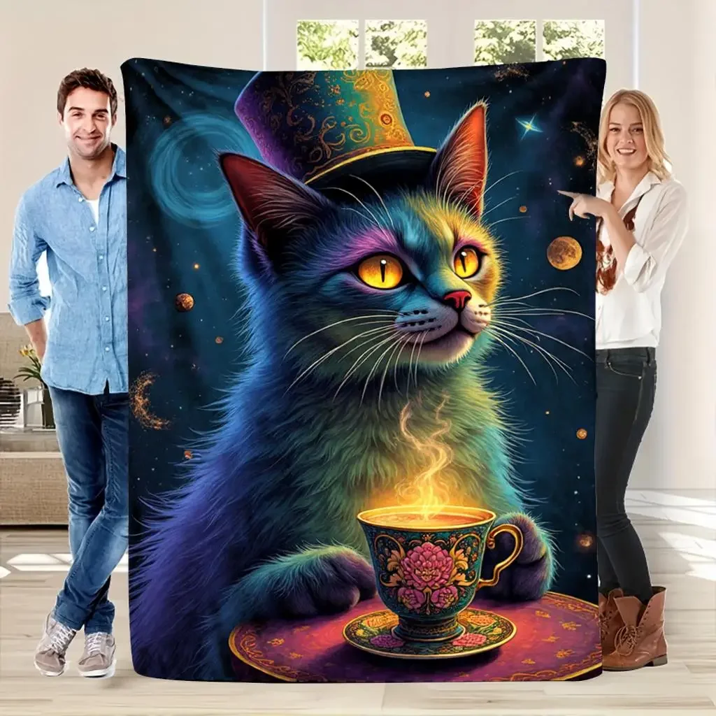 Cosmic Cat Pattern Flannel printed blanket suitable for all seasons suitable for living room office sofa and travel