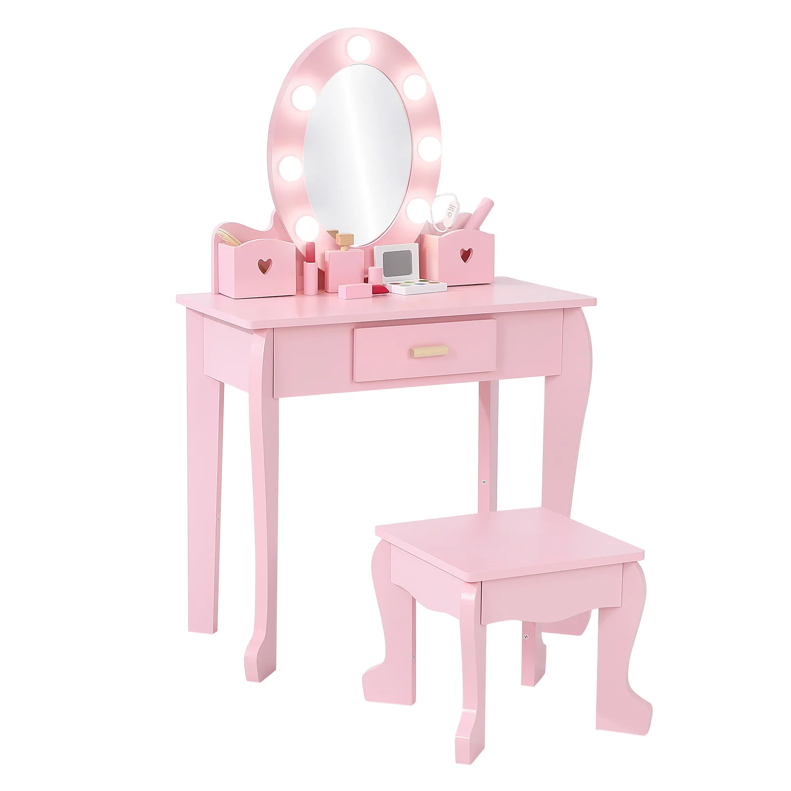 

Kids Vanity Set with Drawer and Stool, Girls Vanity Set with Lights and Mirror for Girls, Wood Makeup Playset for Age 4-9 Year