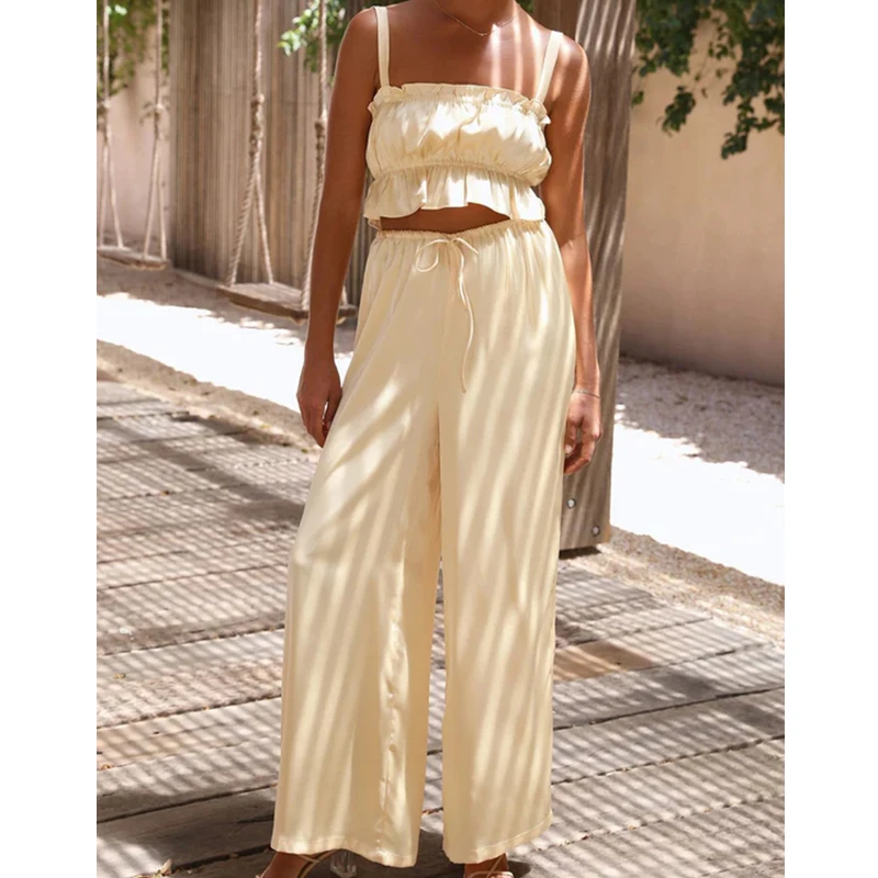 

Summer Casual Two-piece Suit Women Loose Wide-leg Pants Women Slash Neck Cropped Tops Fashion Lace-up Baggy Pants Pantalon 25111