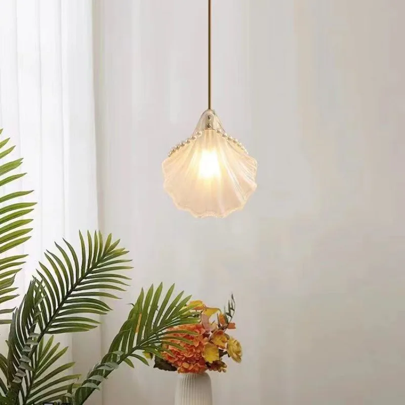 Post Modern Glass Pendant Lights Creative Sea Shell Lampshade Bedroom Bedside Hanging Lamp Interior Decoration Lighting