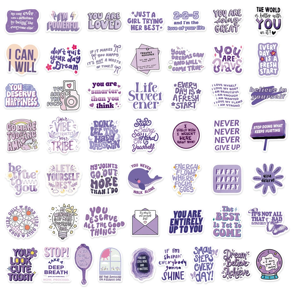 50/100Pcs Purple Inspirational Text Slogan Stickers for Reward DIY Cup Stationery Box Phone Guitar Window Desk File Holder Decal
