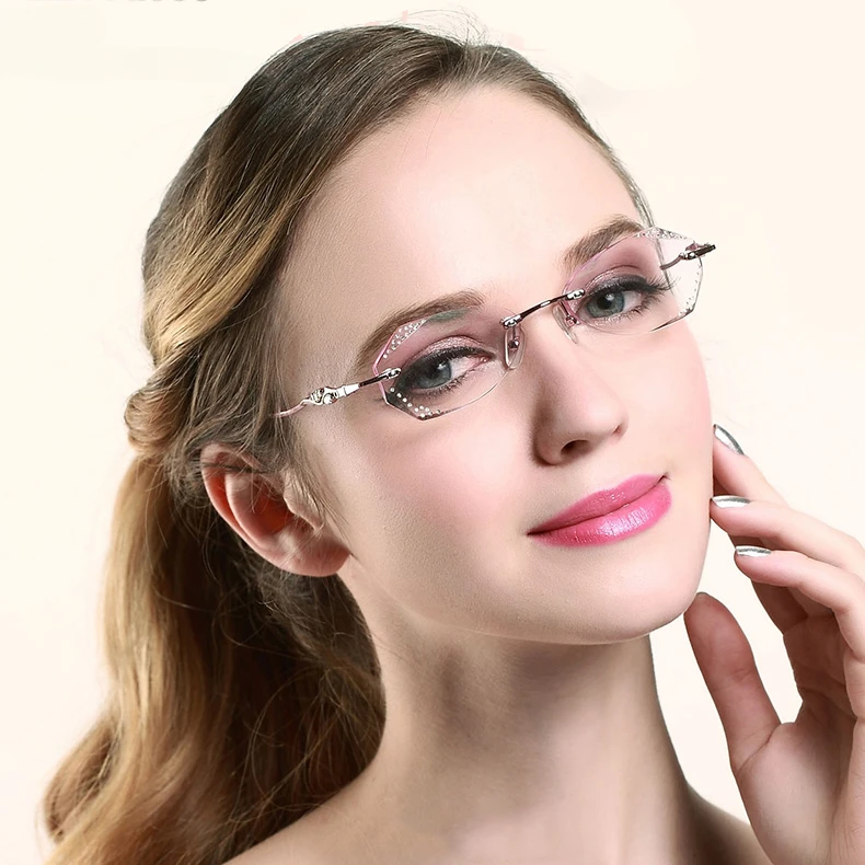 

Homme Luxe Women Glasses Rimless Diamond Design Eyewear Metal Oculos Pink Gradient Color Prescription Lens Gafas Single Vision