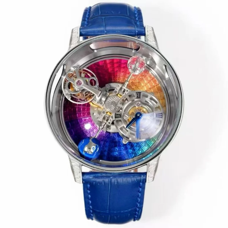 ساعة ميكانيكية للرجال من Celestial Tourbillon ساعة دقيقة عالية الجودة من زجاج الياقوت الماسي الملون