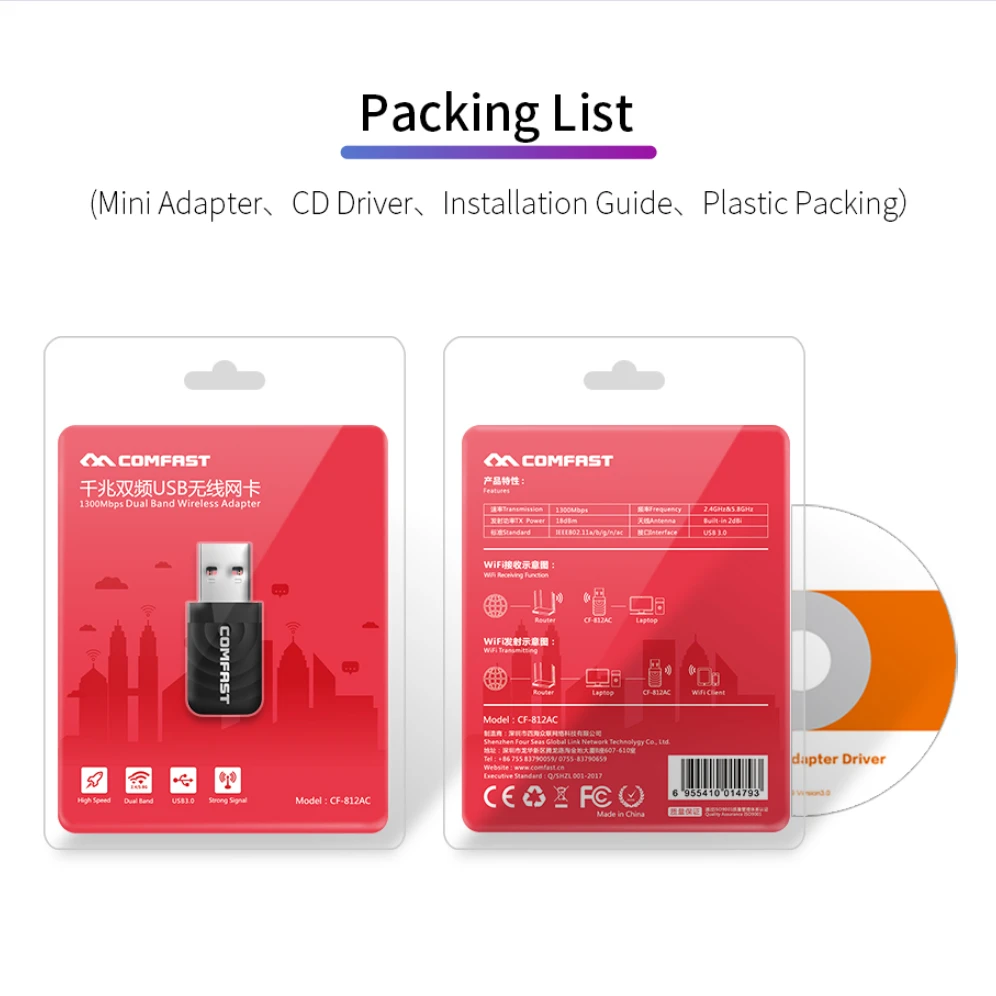 ワイヤレスネットワークカード,Wi-Fiアダプター1300Mbps,2.4ghz/5ghz,デュアルバンド,USB 3.0,アダプター,ドングル,ネットワークカード