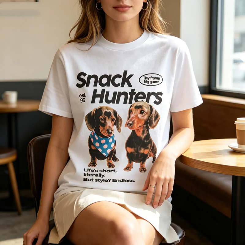 Unisex Cute Snack Hunters Dachshund Print T Shirt for Women Vintage Dog Casual Short Sleeve  100%Cotton  y2k top harajuku
