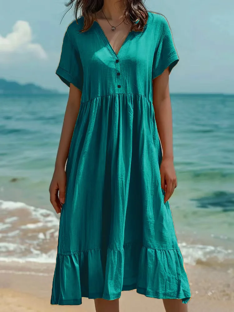 Sommerliche, einfarbige, kurzärmelige Maxikleider für Damen aus Baumwolle und Leinen, Patchwork, plissiert, mit Knöpfen, Rüschen, lässig, locker, langes Urlaubskleid