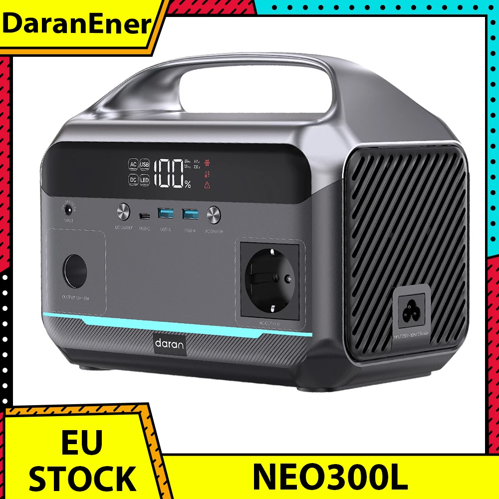 Station d'alimentation portable DaranEner NEO300L, batterie LiFePO4 288Wh, sortie AC à onde sinusoïdale pure 350W, puissance de crête 600W, entrée solaire 100W, USB-C PD 60W, double USB-A 18W, prise allume-cigare 120W, MPPT, BMS, UPS, durée de vie de la batterie 3500+ cycles