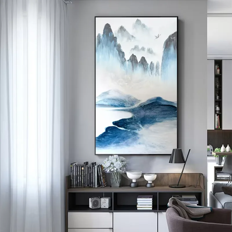 Canvas PosterChinese Style Nature Landscape Canvas Art Painting With Frame Mountain Lake Ink Nordic Poster Prints Modern Abstrac