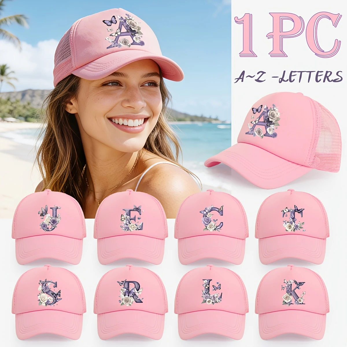 

Pink Trucker Hat A-Z Initial Letter with Purple Floral & Butterfly Print Breathable Baseball Cap for Women Summer Outfit Kids