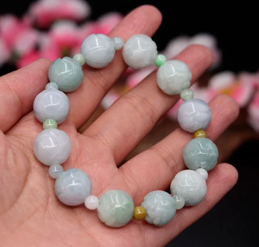 Jade Emerald 18mm Lotus Beads Bracelet Natural Adjustable Bangle Charm Jewellery Fashion Accessories Hand-Carved Man Luck Amulet