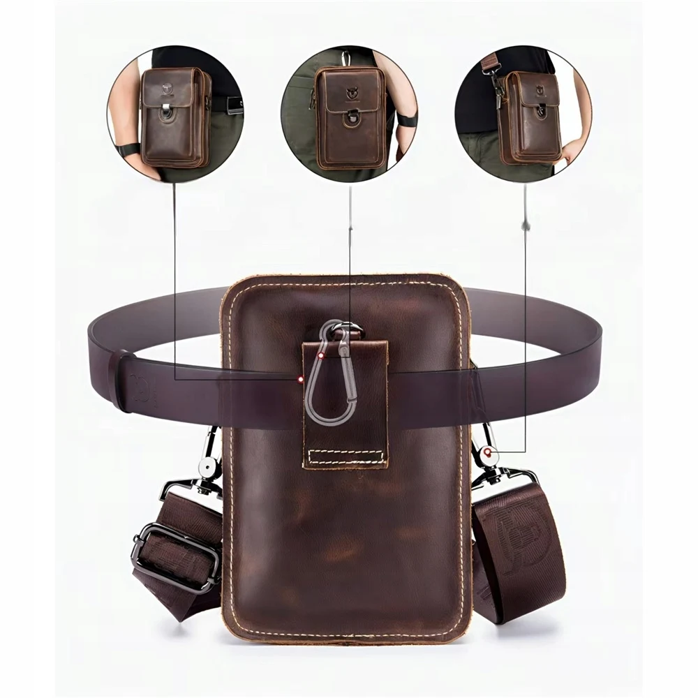 Marsupio in Pelle da Uomo Vintage a Tracolla – Borsa a Tracolla 3-in-1 con Tasca per Telefono, Marsupio in Pelle di Mucca Antifurto
