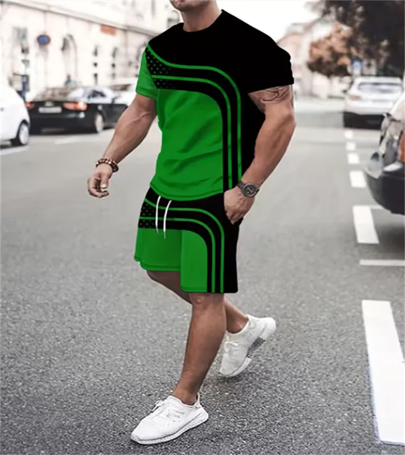 

2025 Summer Hot Selling Fashionable Men Casual Beach Shorts Set 3D Printed Striped Short Sleeve T-shirt Round Neck 2 Piece Set