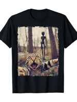 Men Funny Cat Alien UFO Graphic T-Shirt - Black Crew Neck Short Sleeve Tee Breathable Cotton with Slight Stretch