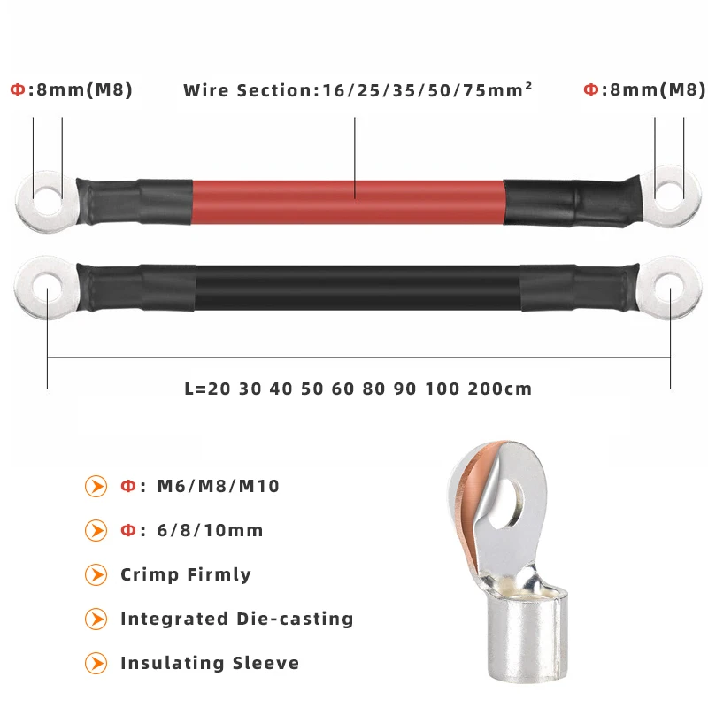 

1m 4AWG DC Cable 12v 36v 48v Electrical Wire Car Solar Battery Power Connectors Cable With M8