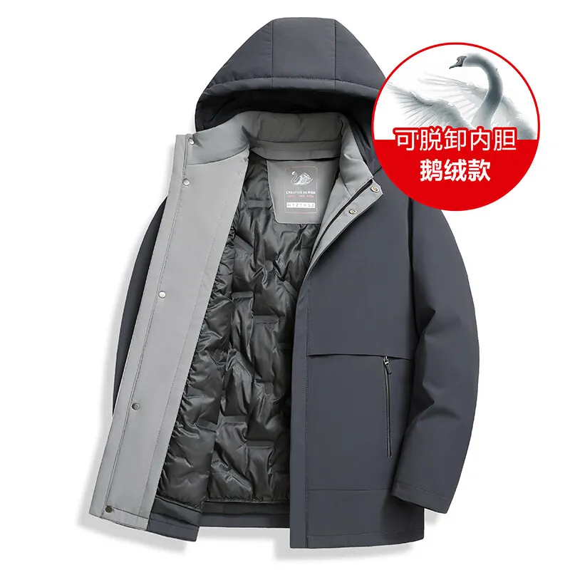 

Men's down jacket, solid color hooded detachable lining goose down warm jacket, casual fashion warm coat