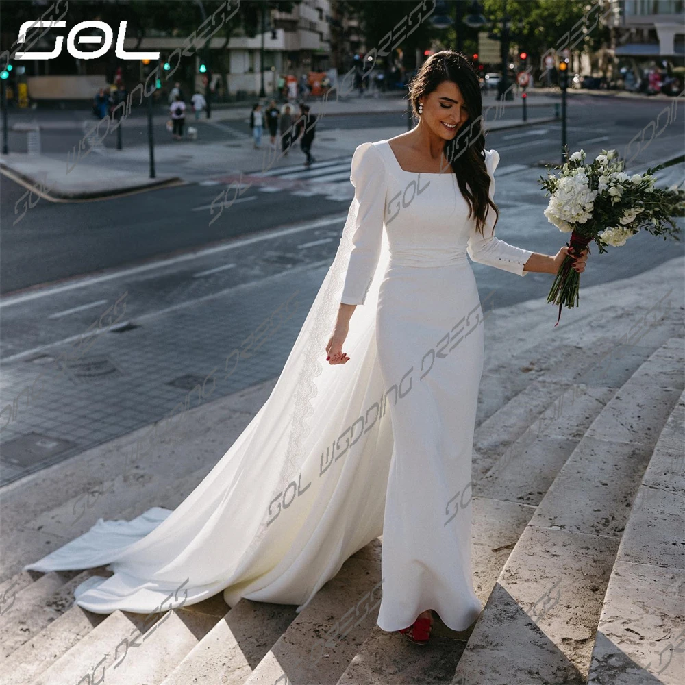 SOL semplici abiti da sposa con colletto quadrato a maniche lunghe con scialle staccabile eleganti abiti da sposa senza schienale Vestidos De Novia