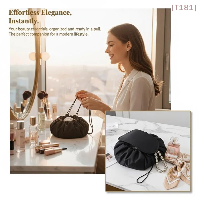Sac de toilette portable pour femme avec cordon de serrage, étanche, pour le voyage et le rangement des cosmétiques