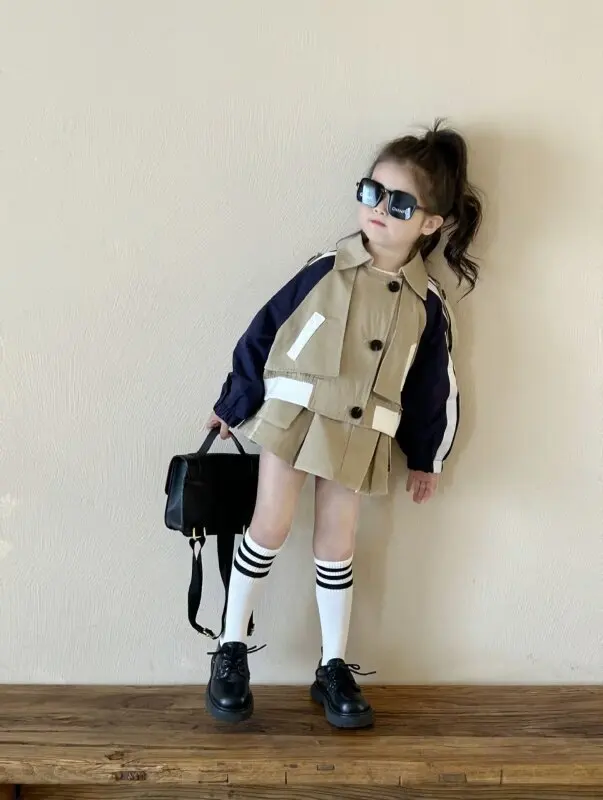 

2025 Spring Teen Girls Set Letter Print Single Breasted Baseball Jacket+Pleated Skirt 2Pcs For 2-8Y Kids Autumn Casual Outfit