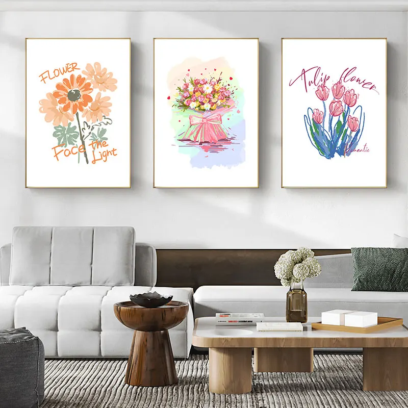 Simple Botanical Flower Canvas Art Poster Prints Daisy Bouquet Tulip Floral Wall Decor Pictures for Living Room Bedroom Aisle