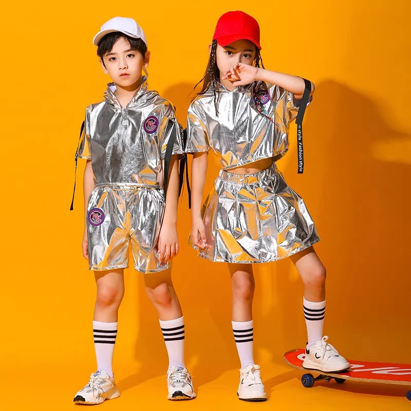 Hip Hop Boys Silver Jacket Girls Jazz Jogger Pants Street Dance Mini Skirt Clothes Sets Kids Sequin Costumes Child Streetwear