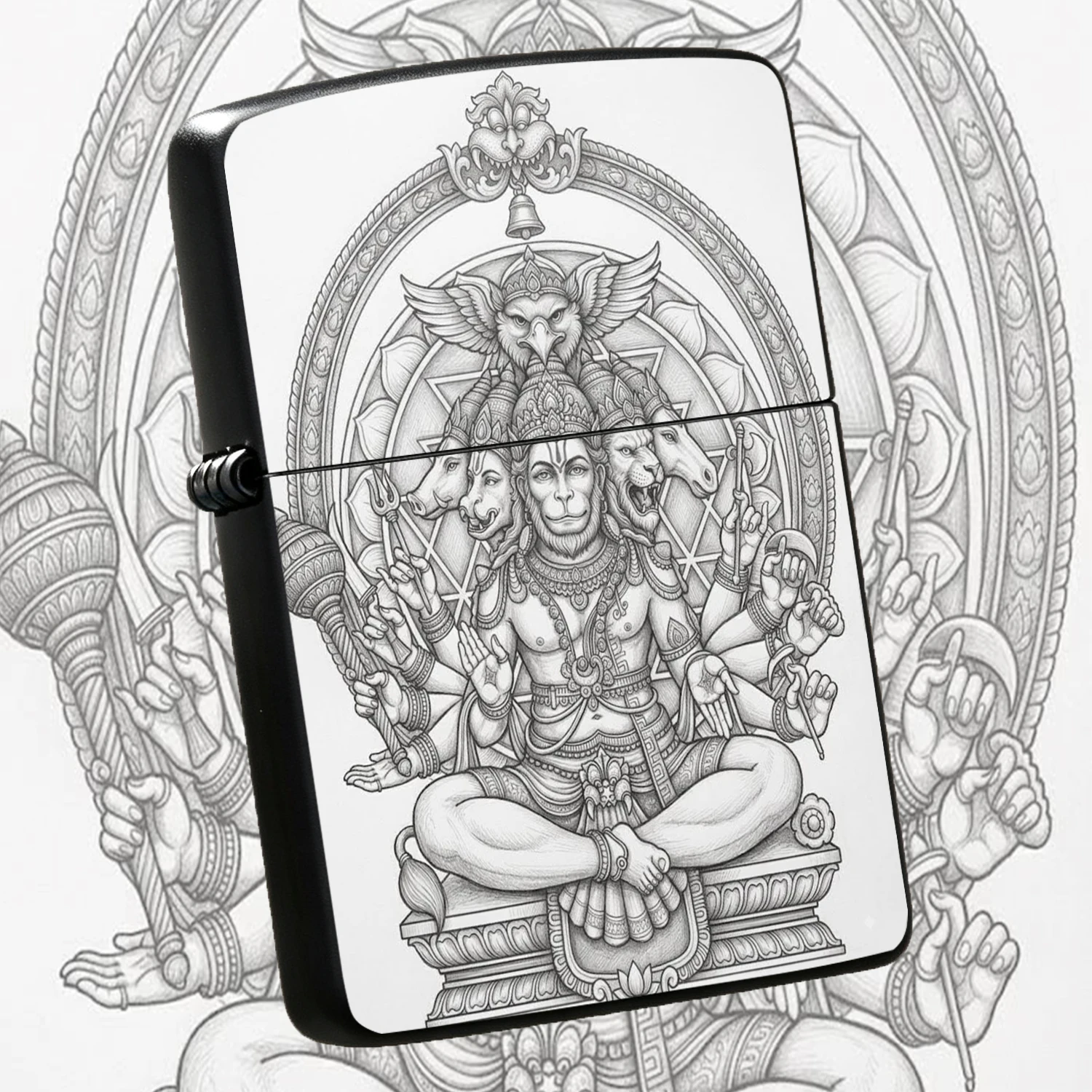 Hand-Drawn Panchmukhi Hanuman Themed Lighter, Hindu Mythology Totem Creative Art Piece, Portable Multi-Scene Ignition Tool For Daily Use, Gifting, Outdoor Activities, Unique Cultural Collectible With Exquisite Line Art, Suitable For Home, T
