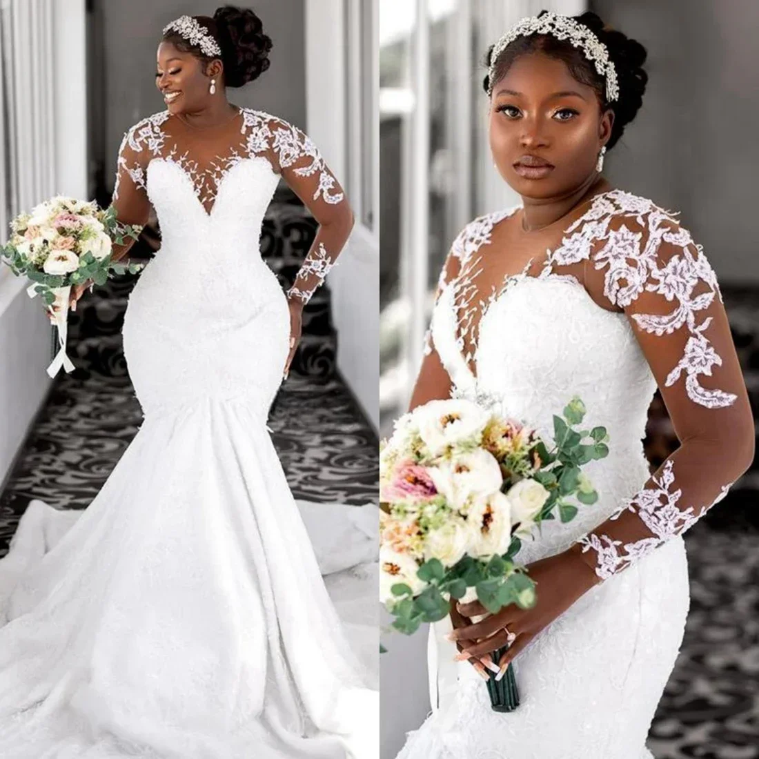 Abito da sposa personalizzato meraviglioso scollo rotondo con applicazioni in pizzo pieno per la sposa Robe De Mariée Dubai africano maniche lunghe da sposa