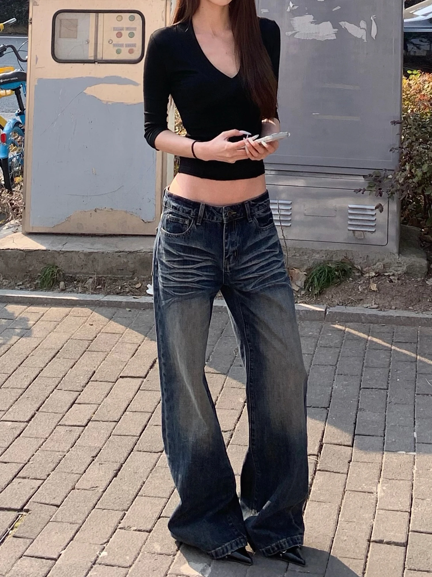 

E7Q8 American Style Spring Summer Women's Straight Leg Jeans Drapery Slimming Wide Leg Pants Casual High Waist Trousers