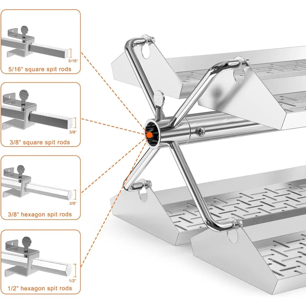 Stainless Steel BBQ Rotating Tray Rotisserie Basket for Most Grills, Fits for 3/8" & 5/16" Square, 1/2" & 3/8" Hexagon Spit Rods