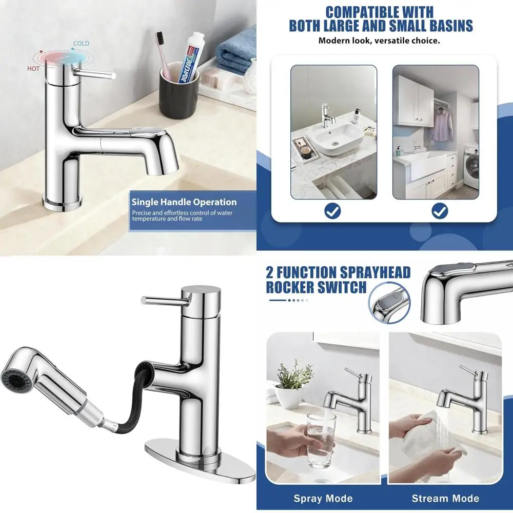 

Stainless Steel Single Handle Bathroom Faucet with Dual Modes, Chrome Finish, Deck Plate Included