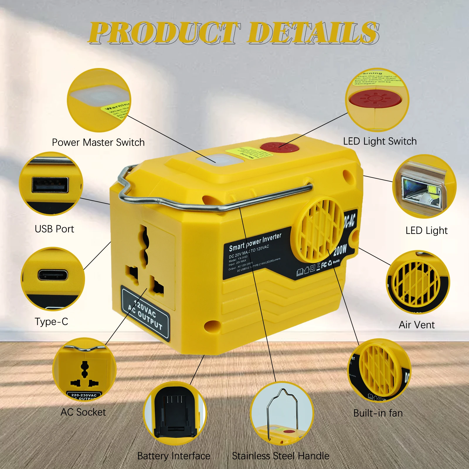 200W Power Inverter for Dewalt 20V Battery To AC 120V/220V Modified Sine Wave Power Adapter with LED Work Light USB Type-C Port