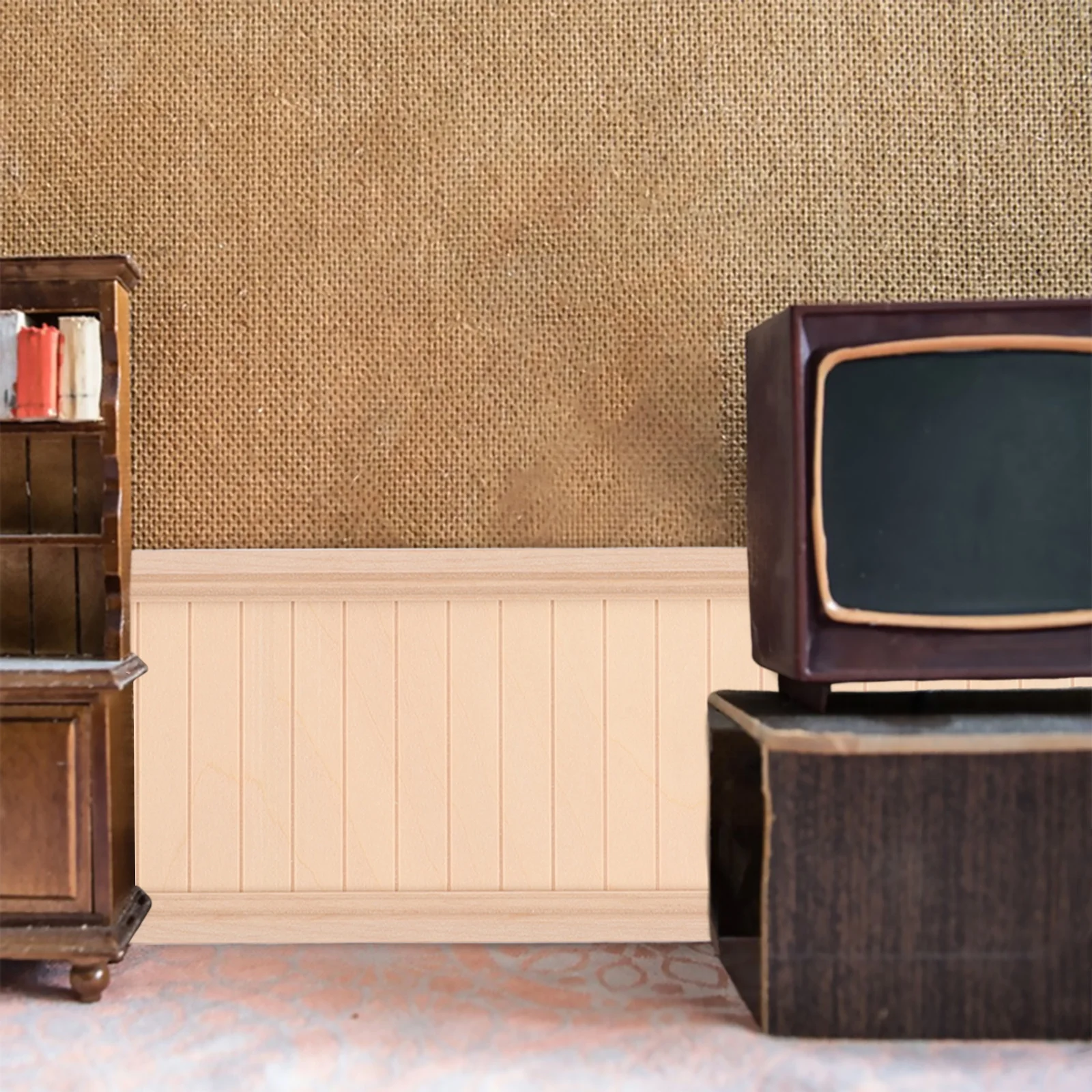 Panele miniaturystyczne imitujące paneliścikę w skali 1:12, realistyczny design, różne style, miniaturowe wykończenia wnętrz domków, dekoracyjne ściany.