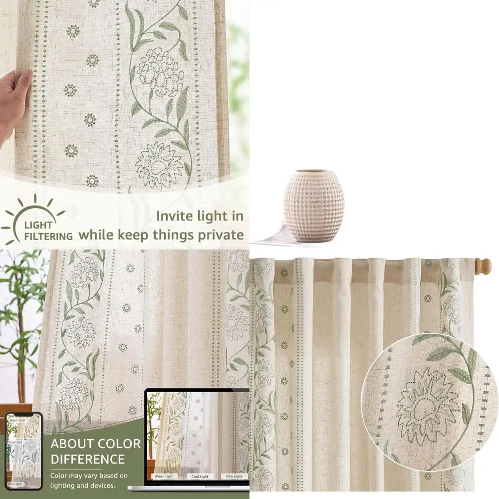 

Вышитые шторы с цветочным узором и бордюром, 84 дюйма, для спальни, светопропускающие, шалфейно-бежевые, 2 панели