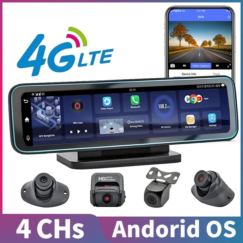 Vehicle 4‑Camera 4G Dash Cam Android 8.1, HD720P Car DVR GPS Navigation WiFi APP Remote Live Monitoring