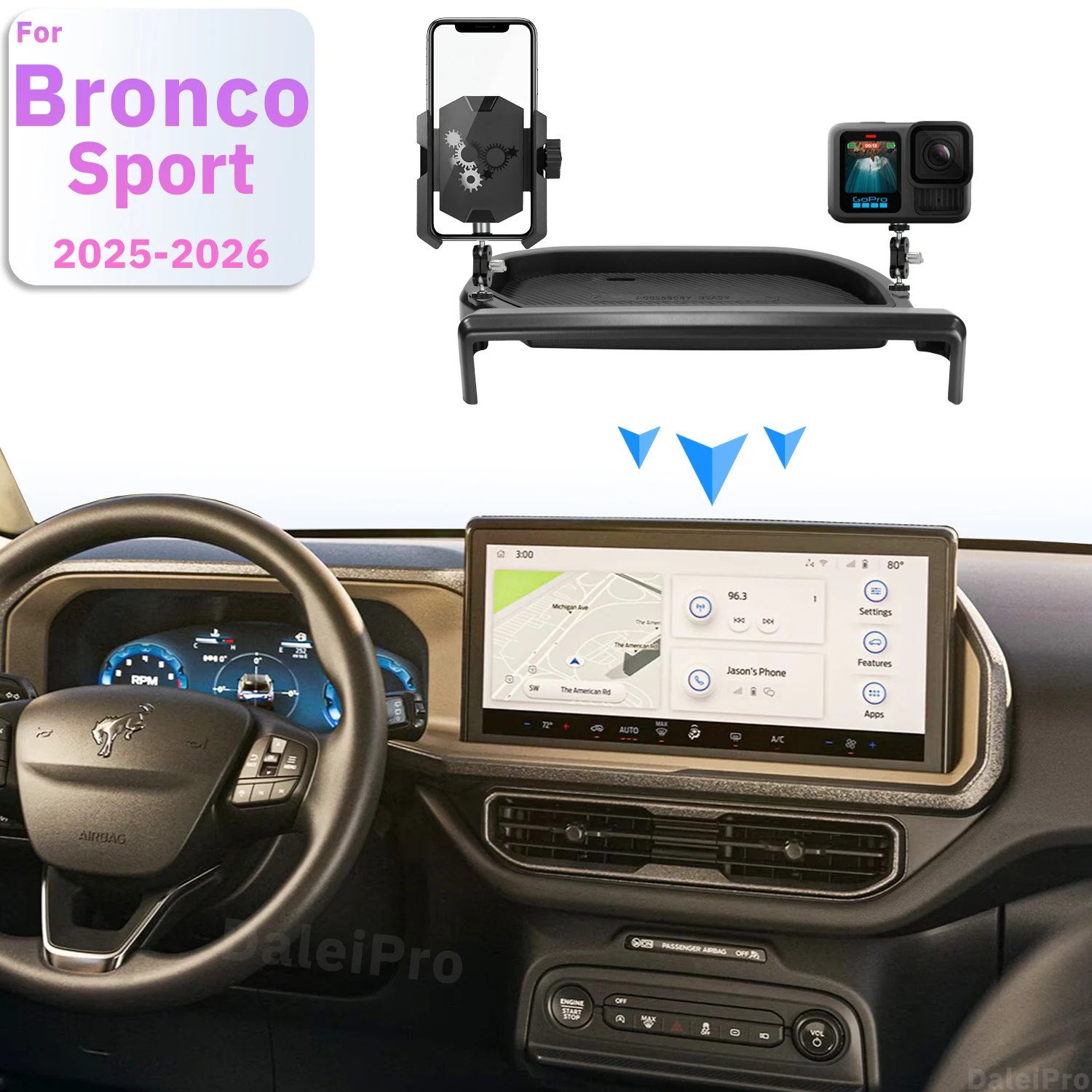 For Ford Bronco Sport 2025 2026 Screen Fixed Base Double Phone Holder Car Double-layer Storage Box 360-degree Adjustable Mount