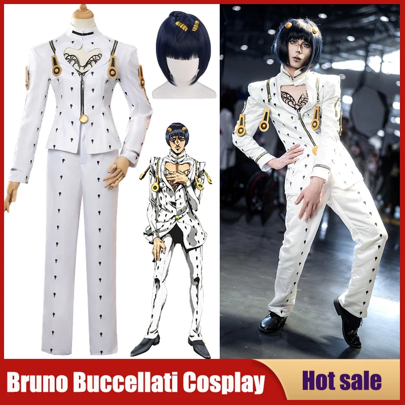 

Anime Bizarre Adventure Cosplay Costume Golden Wind Bruno Bucciarati Slim White Uniform Wig Top Pants Lace Party Carnival Suits