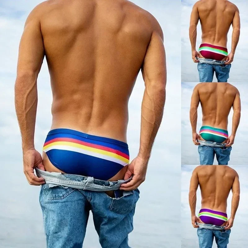 Mens Triangular Swimwear Low Rise Sexy Pouch Male Swimming Briefs Stripe Swimsuit Man Surf Swim Trunks Beach Shorts